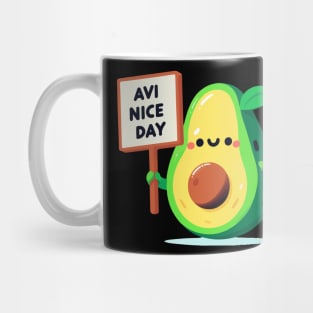 Avocado's Cheerful Greeting. Avocado says "AVI NICE DAY" Mug